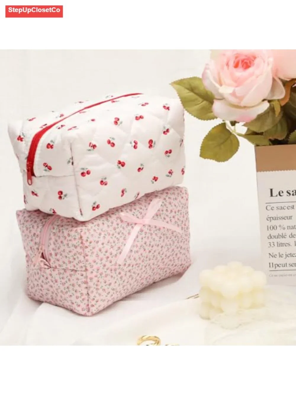 Quilted Floral Makeup Bag Handmade Cotton Pouch Toiletry Case Cosmetic Organizer